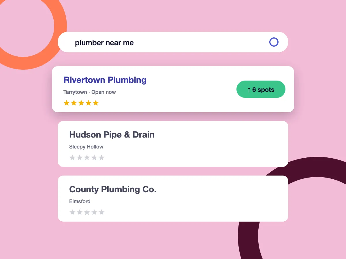 Illustration of local search results for "plumber near me", with one Tarrytown plumbing business highlighted at the top