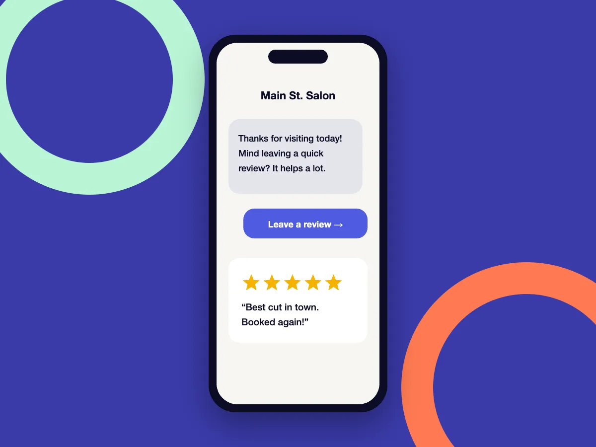 Illustration of a phone showing a friendly text from a salon asking for a review, with a five-star review below it