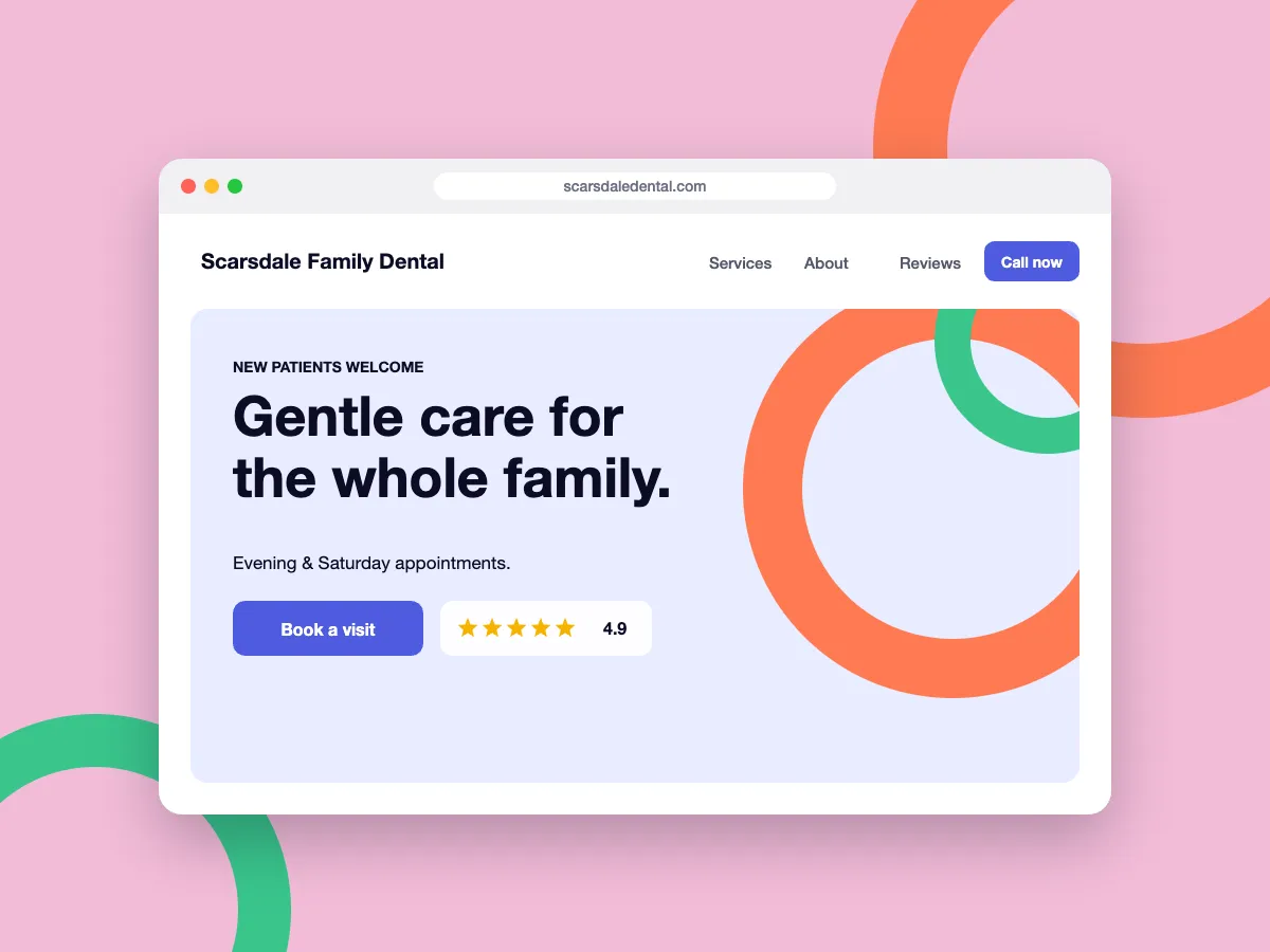Example small-business website for a family dental practice, shown in a browser window with a booking button and star rating